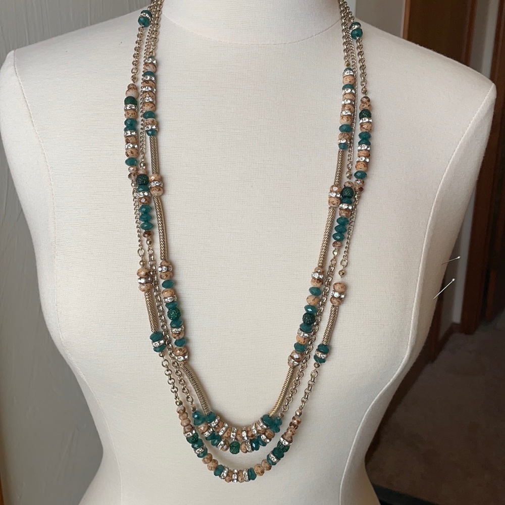 36” triple strand gold and green necklace